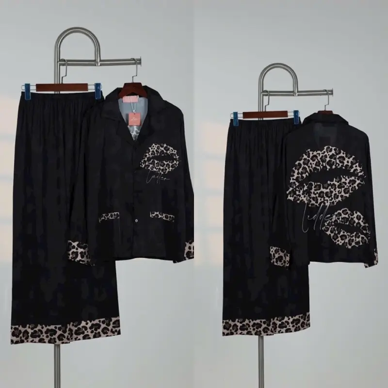 Bộ Pijama Ládder - Bộ Ngủ Sz L ( Không Túi ) Quần Dài Tay Dài Đen Beo Môi - Quần 100cm
