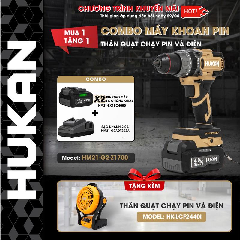 [GEN 2] Máy Khoan pin z1700 chính hãng Hukan lực siết 100N, bộ 2 pin 1 sạc cao cấp thêm tính năng antikickback, tạo xung, tháo vít chậm