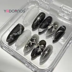 YADORNOS 24 pcs Dark Starry Silver Bow Berlian Berlian Mengenakan Patch Kuku - Handmade Murni - Dapat Digunakan Kembali