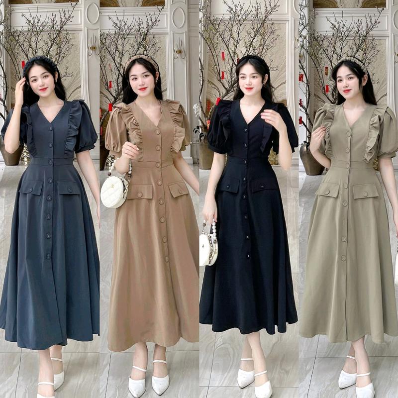 Đầm maxi cổ V bèo vai cài cúc trước có dây cột eo mã mb33