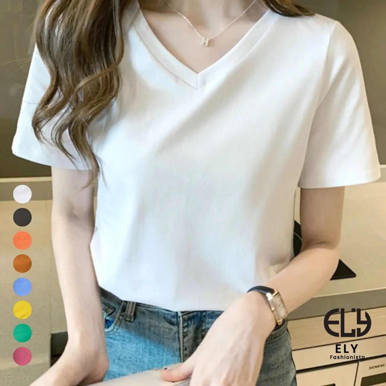 Áo thun nữ ELY trơn cổ tim ngắn tay dáng suông cotton basic đẹp trắng cao cấp, áo phông nữ cổ V cộc tay đen ELY205