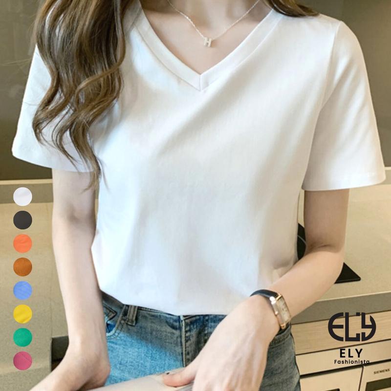 Áo thun nữ ELY trơn cổ tim ngắn tay dáng suông cotton basic đẹp trắng cao cấp, áo phông nữ cổ V cộc tay đen ELY205 Top Women Nhung