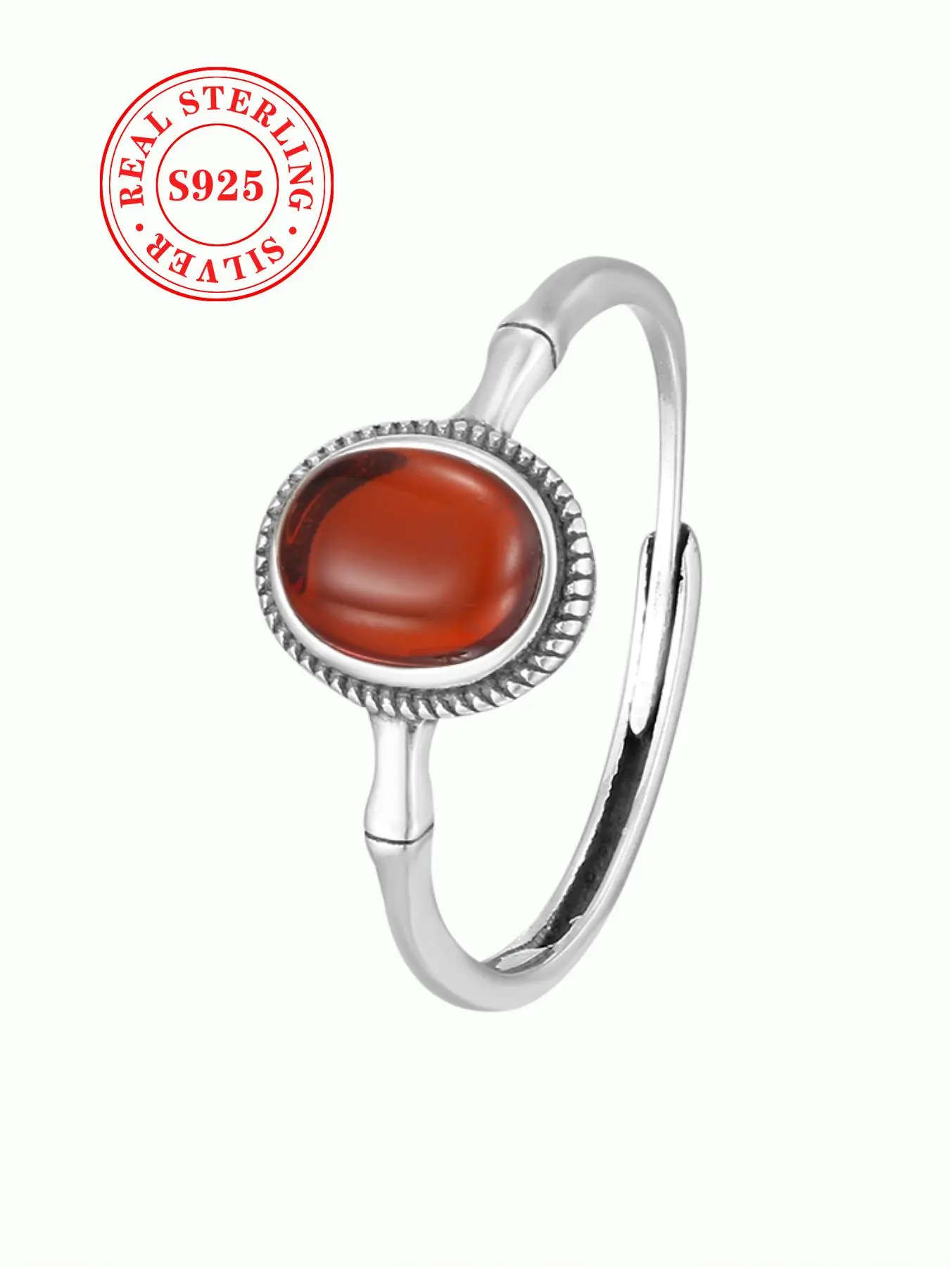 S925 Sterling Silver Simple Style Amber Ring, Natural Amber Ring for Women, Trendy All-match & Exquisite Jewelry for Birthday Gift