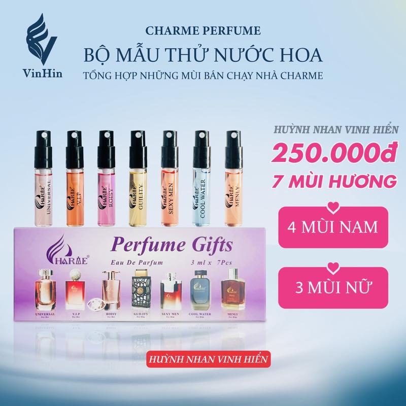 CHARME PERFUME - Trọn Bộ 7 Chai Nước Hoa CHARME PERFUME 2024 ( 4 Nam - 3 Nữ ) - ( UNIVERSAL - V.I.P - ROISY - GUILITY - SEXY MEN - COOL WATER - MENLY ) Dung Tích 3ml 1 Chai - nước hoa nam nữ perfume cosmetic xịt thơm Women