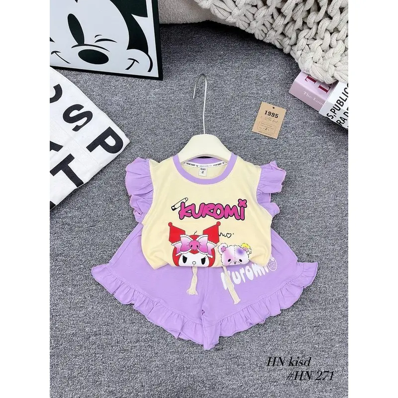 (7-15kg) Bộ cotton hè bé gái Kuromi phối bèo xinh xắn G128 2