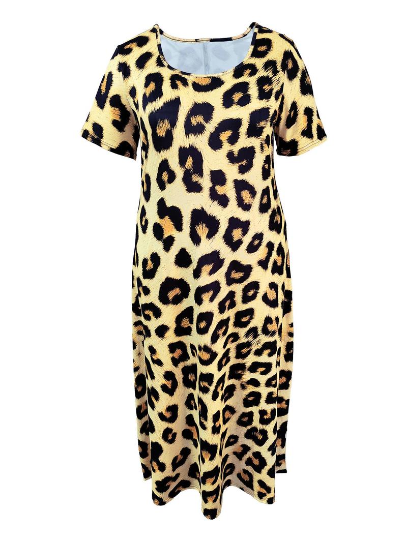 Product Introduction of 【Plus Size】 All Over Print Round Neck Dress, Casual Short Sleeve Dress for Summer, Women's Plus Clothing for Daily Wear 6