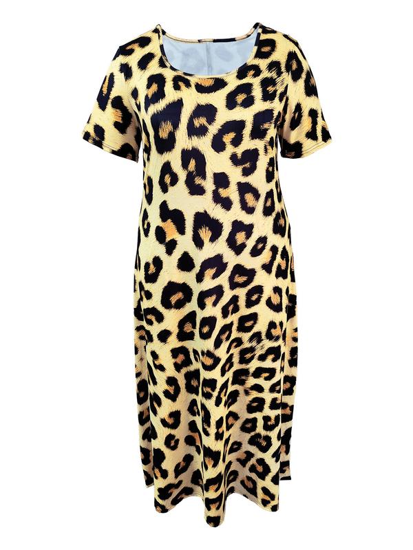 【Plus Size】 All Over Print Round Neck Dress, Casual Short Sleeve Dress for Summer, Women's Plus Clothing for Daily Wear 5