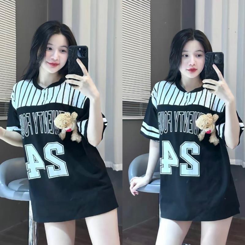 Áo Phông cotton khô đính phụ kiện ( gấu +24 ) form rộng 40-70kg