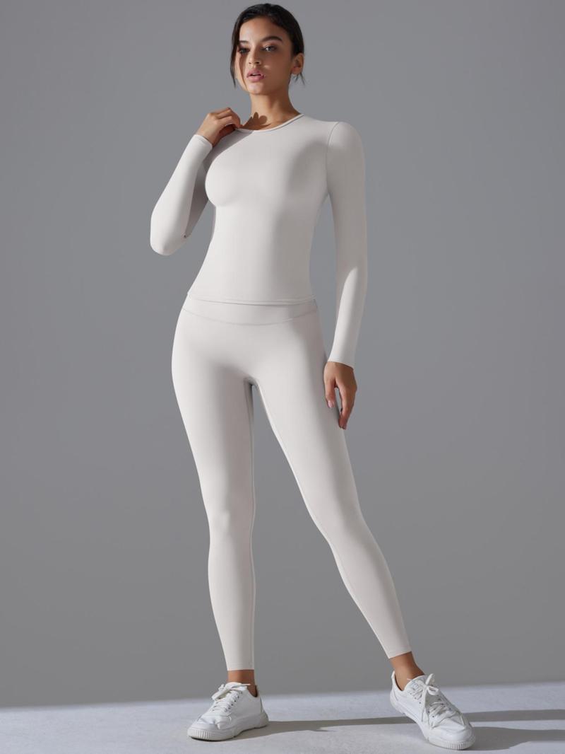 Product Introduction of Women's Solid Long Sleeve Tee & Leggings Sports Set, Sporty Casual Comfy Breathable Two-piece Outfits for Yoga Gym Workout Running Fitness, Ladies Sportswear for All Seasons, High Stretch Tracksuit 2