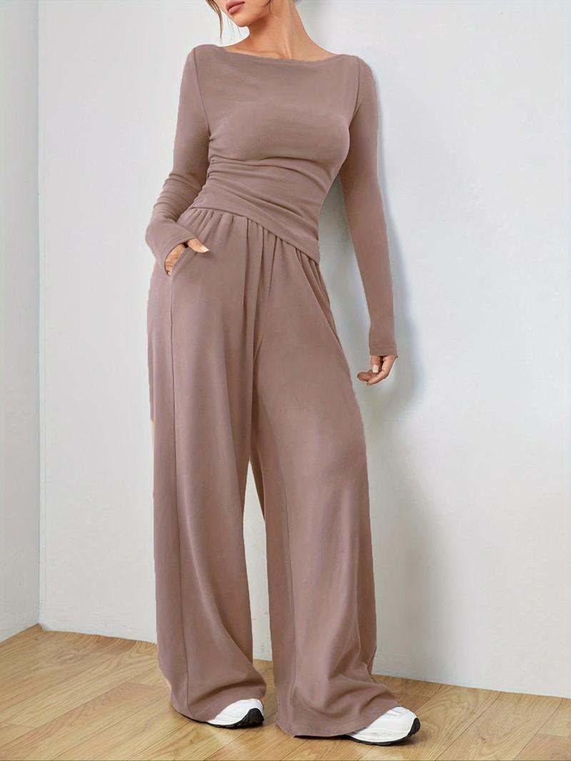 Product Introduction of Women's Solid Ruched Asymmetrical Tee & Elastic Waist Pocket Pants Two-piece Set, Casual Long Sleeve Boat Neck Top & Wide Leg Trousers for Spring & Fall, Tall Clothing Women, Gen Z Corporate Outfit, Winter Outfits, Rave 2 Piece Set,  Curve Fashion 16