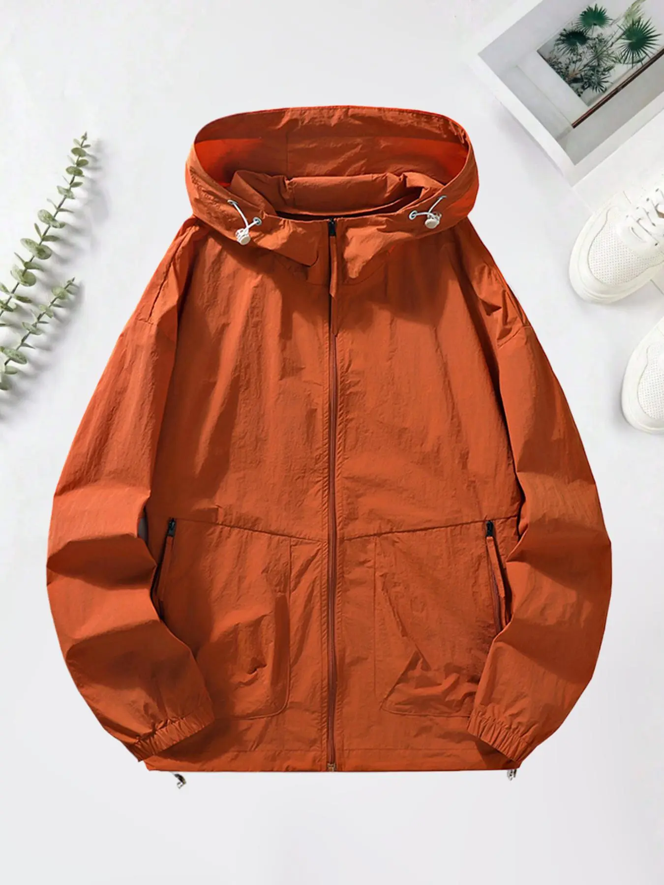 Men's Regular Fit Solid Color Zip Up Hooded Jacket, Casual Long Sleeve Windproof Jacket for Summer, Fashion Men's Outerwear for Outdoor Activities, Menswear