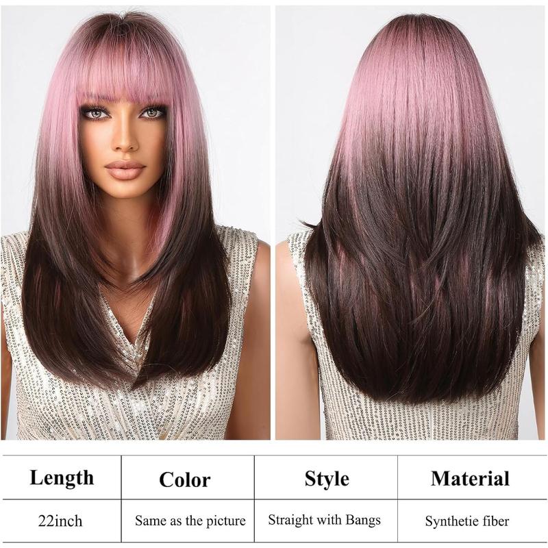 Local shipping-testar Long Ombre Pink Black Wigs For Black Women Straight Pink Brown Wigs With Thick Bangs Cosplay Wigs Colorful Wigs Synthetic Layered Hair Wigs For Daily Use 1