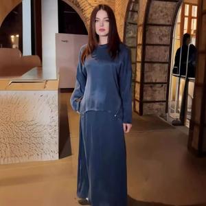 Sut Pakaian Wanita, Koleksi Baru Musim Bunga, Gaya Retro, Warna Pepejal, Leher Bulat, Atasan Longgar dan Skirt