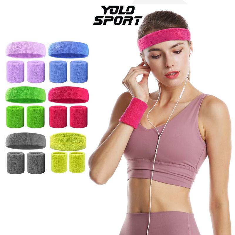 Set Combo Băng Đô Đeo Trán Và Cổ Tay Chặn Thấm Mồ Hôi Bảo Vệ Chơi Thể Thao Tập Gym Yoga Tennis Chạy Bộ Cotton Mềm Mại Sport Tập Thể Dục Tập Aerobic Tim Thun Nữ