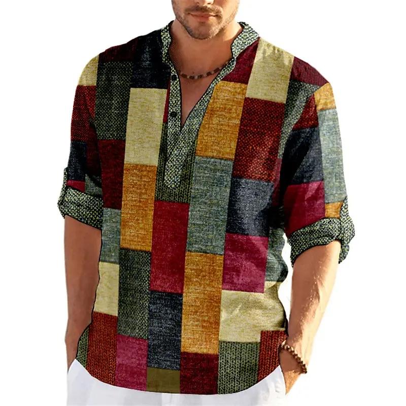 Product Introduction of Men's Spring and Summer Retro Fashion 3D Printed Color blocked Grid Pattern Henley Collar Long Sleeve Shirt Top 2