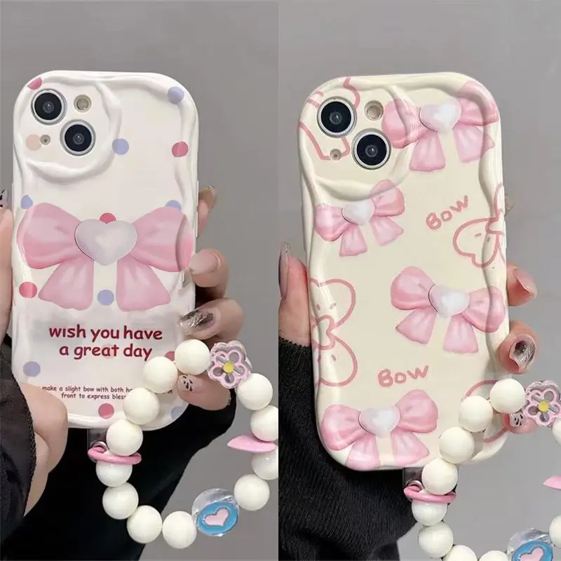 Ốp Iphone mềm hình nơ hồng dễ thương kèm dây đeo viền nổi cạnh sóng iphone 16 16pro 16promax XS 11 12 13 14 15plus xx418 0