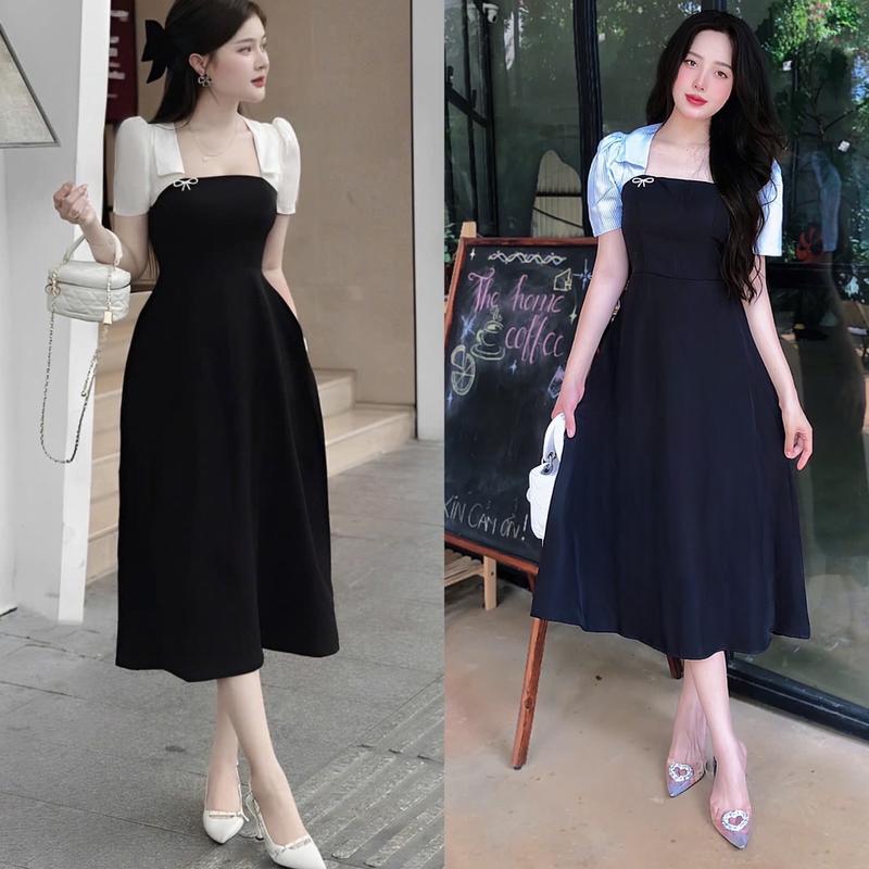 Váy Dự Tiệc Cổ Vuông Có Mút Vải Cotton Lạnh Phối Lụa 50 - 100Kg Thời Trang Nữ Béo Xinh Shop