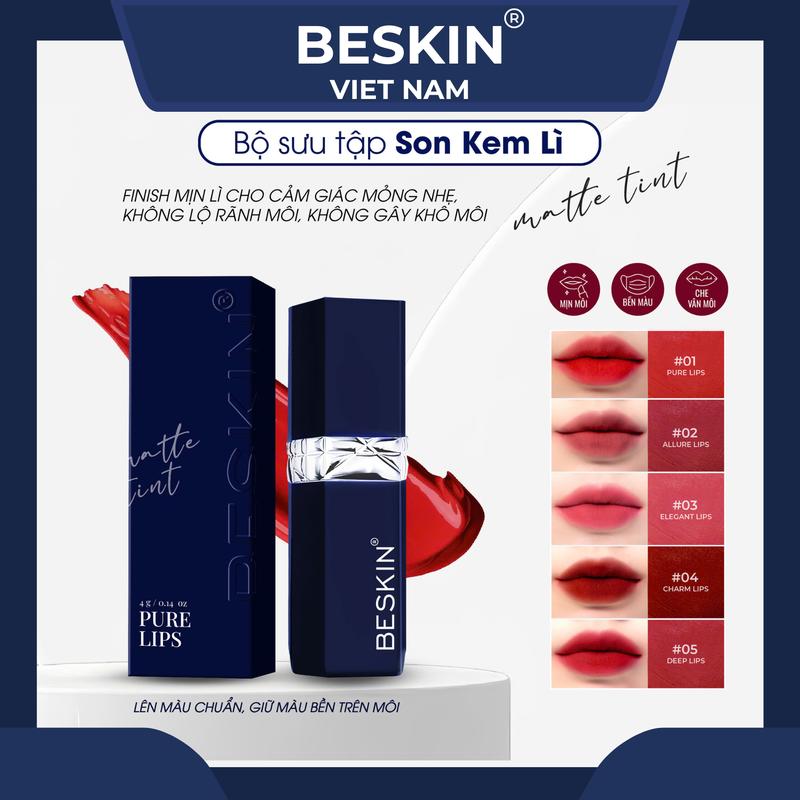 BE-01 SON KEM LÌ BESKIN "Matte Tint Beskin" - Ưu Điểm: Siêu lì Chống Dính Dưỡng Ẩm Môi Lâu Trôi Không Làm Khô Môi - Trọng Lượng: 4g - Thương Hiệu: Beskin