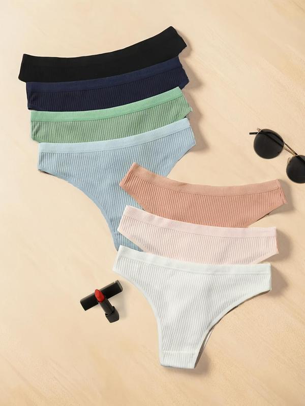 Women's 7pcs Solid Ribbed Drop Waist Knicker, Soft Casual Comfort Breathable Panties for Lady Daily Wear, Basic Minimalist Womenswear Underwear for All Seasons 1
