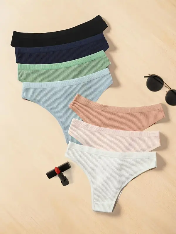 Women's 7pcs Solid Ribbed Drop Waist Knicker, Soft Casual Comfort Breathable Panties for Lady Daily Wear, Basic Minimalist Womenswear Underwear for All Seasons 1