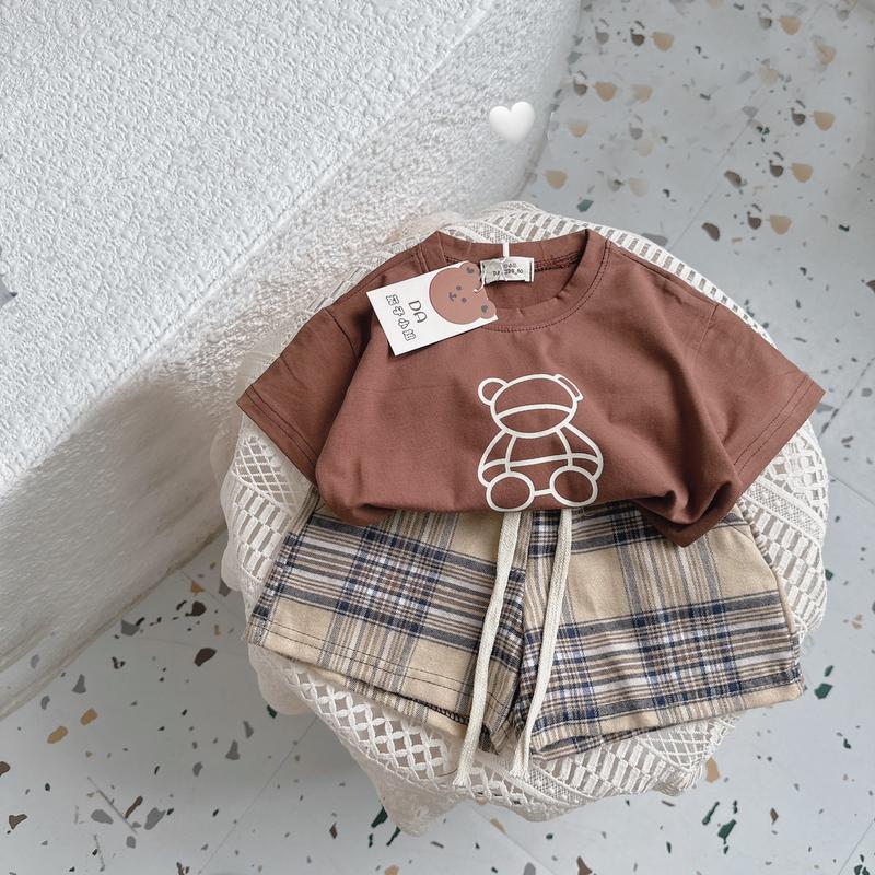 Bộ áo cotton hàn + quần vải kẻ thô cho bé 8-17kg Vải Cotton 1