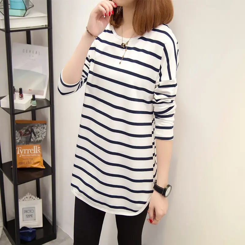 New Spring, Autumn and Winter Clothing Womens Mid-Length Bottoming Shirt Striped Crew Neck Long Sleeves Loose plus Size T-shirt Trendy Hip T-shirt Cotton Top Style