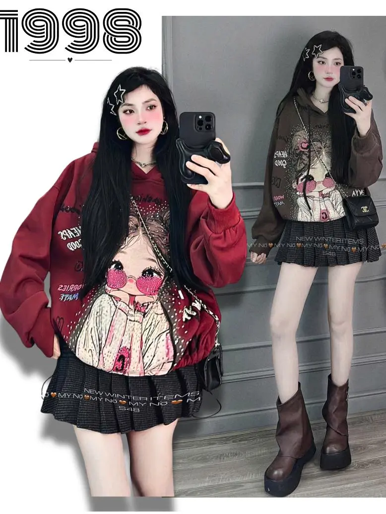 áo ni hoodie có mũ in hình cô gái đeo kính-from rộng giấu quần thor unisex