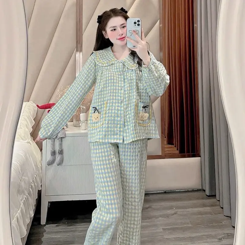 (Kẻ Gấu 2 túi) Bộ Ngủ Nữ  chất đũi kẻ mềm Phối Charm Gấu 2 Túi Form 40-60kg Nữ Women Sang Chảnh Dễ Thương