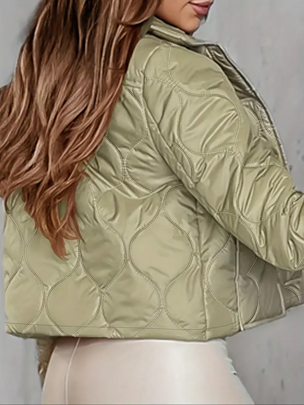 Women's Solid Button Front Pocket  Crop Quilted Jacket, Casual Long Sleeve Collared Outerwear for Fall & Winter, Ladies Clothes for Daily Wear 1
