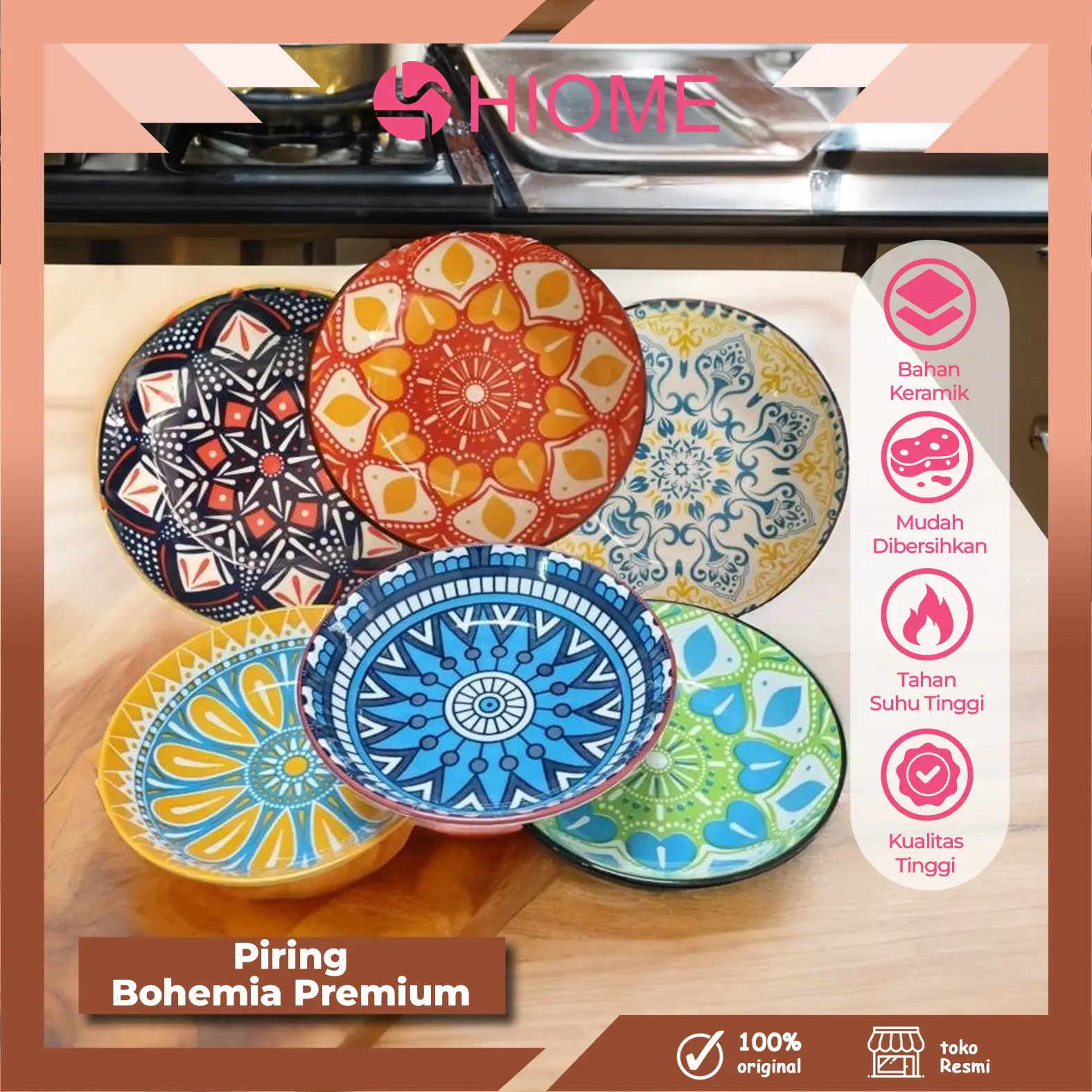 HIOME Piring Keramik Bohemian Style Motif Bunga Batik Cantik Bohemian Plate