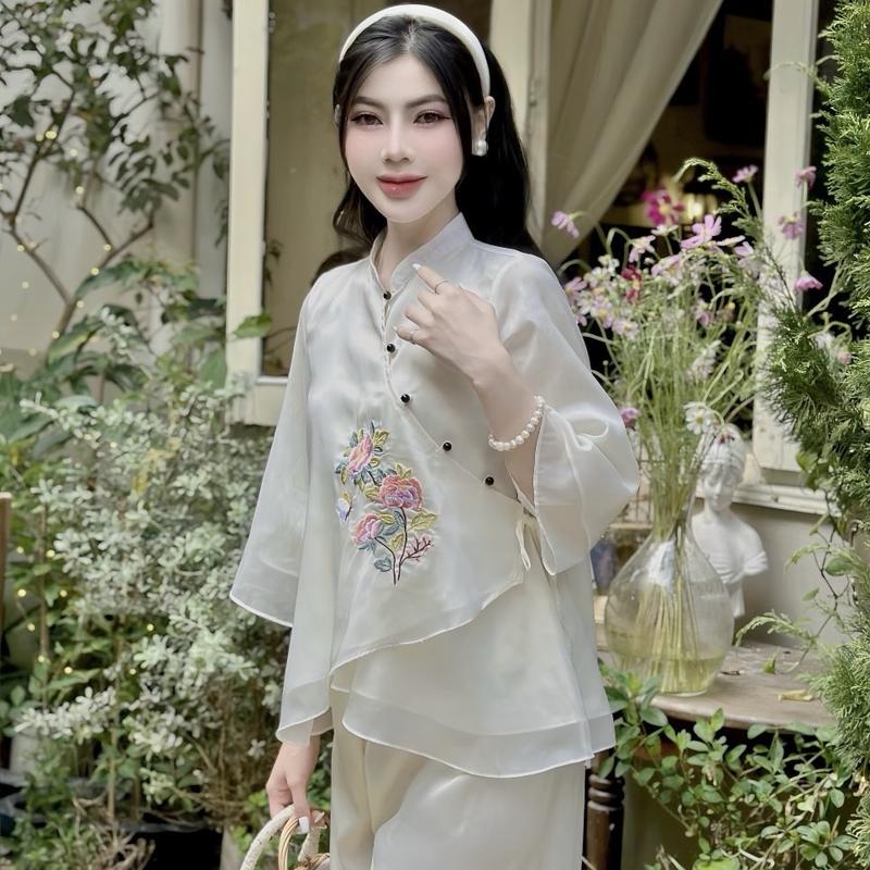 Pháp phục đi chùa cổ tàu vạt chéo lụa voan 3 lớp Set bộ đi chùa cách tân thêu hoa tiểu thư Lễ phục đi chùa thanh lịch Áo Nữ Women Top Jacket