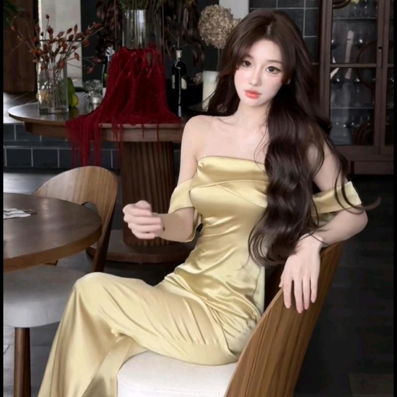  Đầm Lụa Dự Tiệc Dáng Dài Sang Chảnh  Có Mút -Váy Lụa Trễ Vai Hở Lưng Jessica Dress Nữ Voan Women Voi 