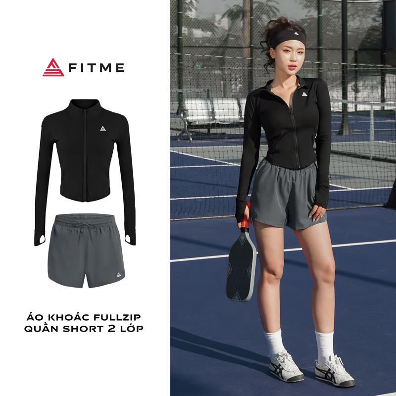  Bộ đồ thể thao nữ Fitme áo khoác fullzip Đen tôn dáng quần short 2 lớp Xám thấm hút tốt hỗ trợ tập gym pickleball 