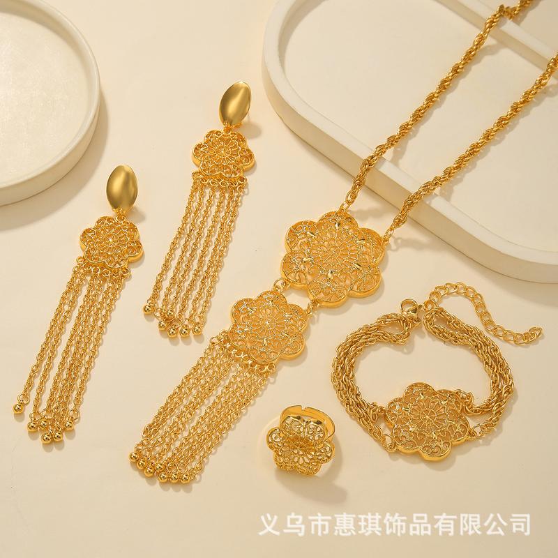 Product Introduction of 24k Gold Plated Necklace Bracelet Earrings Ring Jewelry Set for Bride Women's Accessories Four-piece Set 4