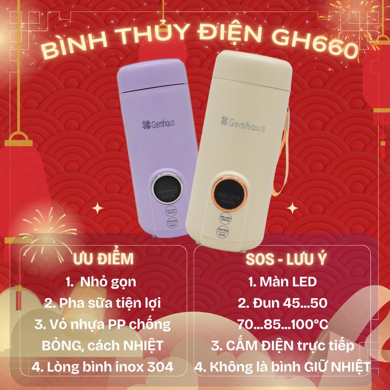 [CẮM ĐIỆN - MÀU TÍM] BÌNH THỦY ĐIỆN MINI GEMHAUS MÀU TÍM Công suất 400W, với 5 chế độ nhiệt tiện lợi: đun nước, pha sữa, pha cafe, giữ ấm, chỉnh nhiệt độ tuỳ ý