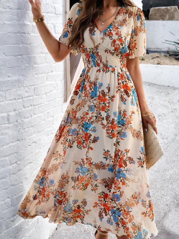 Women's Floral Print Shirred V Neck A Line Dress, Boho Fashion Short Sleeve Long Dress for Beach Vacation Holiday Wedding Guest, Ladies Dress for Summer 4