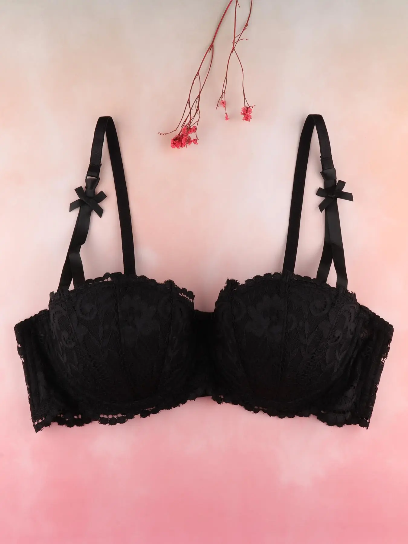 Women's Floral Lace Bow Decor Push Up Bra, Elegant Adjustable Strap Cut Out Underwire Bra, Soft Comfortable Breathable Lingerie for All Seasons