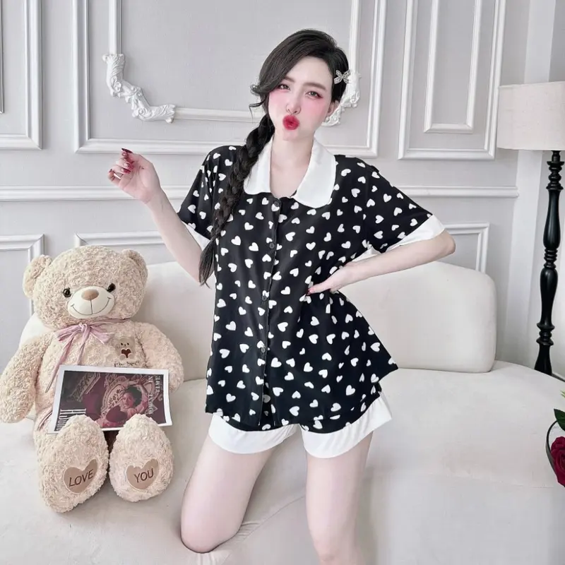Đồ Bộ Ngủ Pijama Đùi Lụa Nhật Họa Tiết Phối Sang Chảnh Tay Ngắn Quần Đùi Nữ Đùi Bigsize Siêu Xinh Women Nhung Quần Ngủ Áo Nho Voi 1