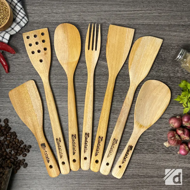DADALALA Spatula Set / Sodet (Isi 7 Pcs) Panjang 35 Cm Peralatan Masak Bahan Kayu Mahoni Tahan Panas dan Anti Lengket Alat Dapur