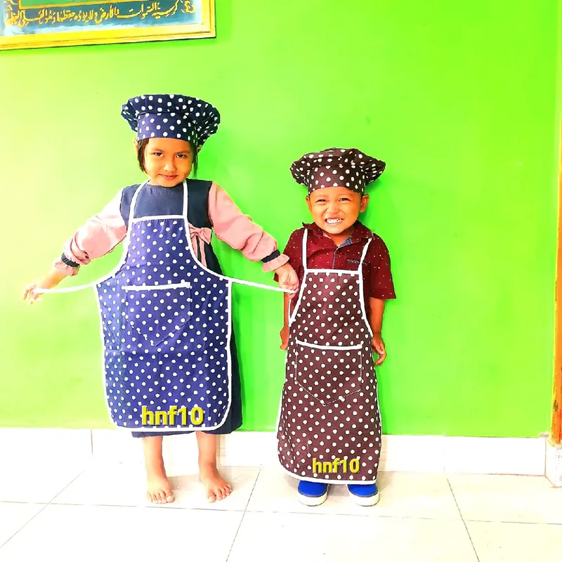 Celmek Apron Anak SD TK Polkadot Viral Plus Topi Chef Senada 1 set Celmek Dapur Anak Celemek viral dengan kantong polcadot hitam 8