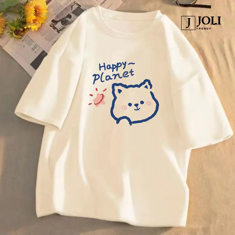 Áo Thun Unisex Mèo HAPPY PLANET Form Rộng Nam Nữ by J Joli Trendy Phong Cách Ulzzang