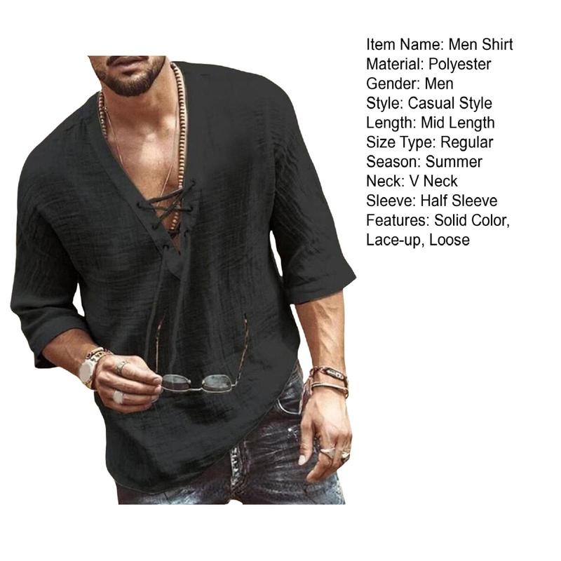 Bvbfzin Men V-neck Shirt Loose Fit Men Top Men's Lace-up V Neck Shirt Retro Style Mid Sleeves Loose Fit Top for Daily Wear in Asia 2