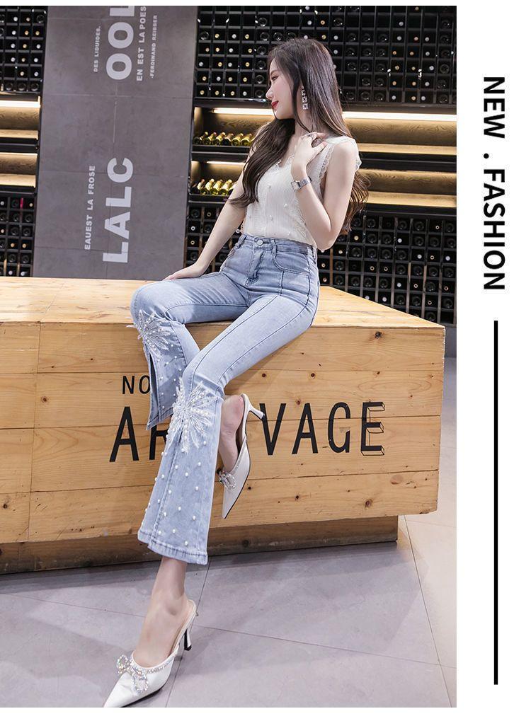 Product Introduction of Quần Jean Nữ, Phong Cách Người Ảnh Hưởng TikTok, Với Đính Cườm Nặng Và Ren, Cạp Cao, Mỏng Vừa Vặn, Dễ Phối Đồ, Quần Ống Loe, Hợp Xu hướng 15
