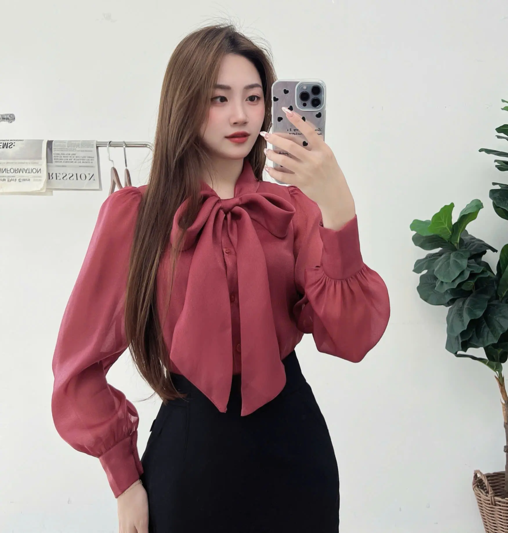Áo Sơ Mi Nữ CCHAT Cổ Nơ Kiểu Tay Dài 23FDV2011ST