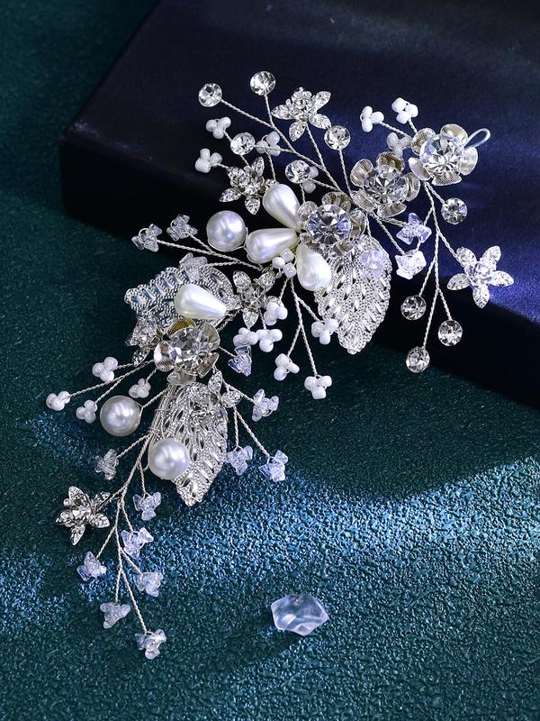 Faux Pearl & Artificial Crystal Decor Leaf Design Headwear, Elegant Bridal Headwear for Wedding Bridal Party Formal Occasions, Minimalist Hair Accessories for Bridal Hairstyle 3