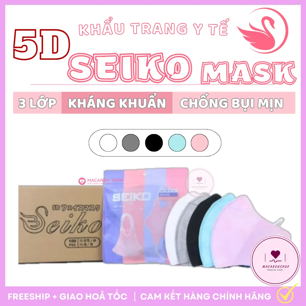 [Set 100 Cái] Khẩu trang 5D SEIK0 thiết kế 3D ôm sát, lọc bụi mịn, bảo vệ sức khỏe tối ưu.