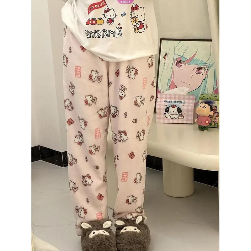 Product Introduction of Cartoon Hello Kitty Flannel Sleep Pants For Ladies In Autumn And Winter New Thick And Velvet Warm And Casual Home Girls Pajamas 4