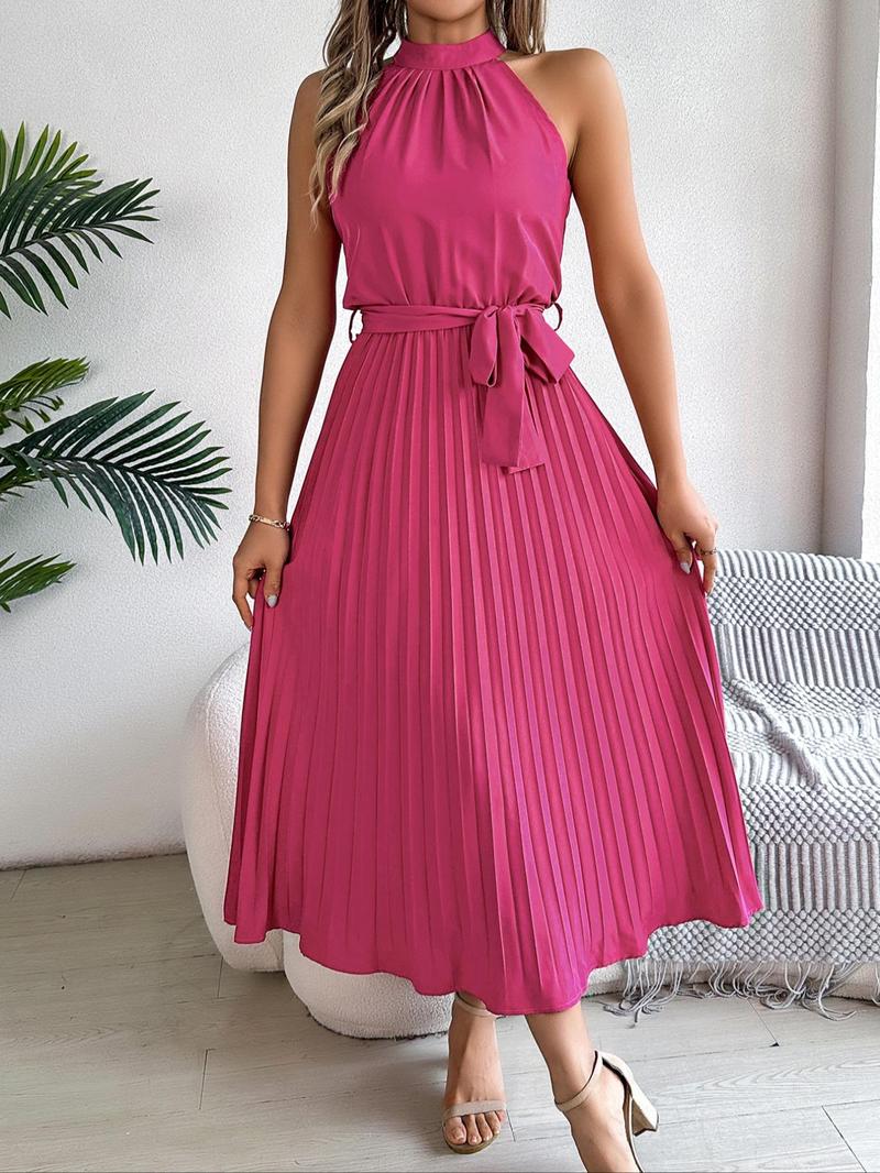 Product Introduction of Women's Solid Color Belted Pleated Halter Tank Dress, Elegant Casual Sleeveless A Line Long Dress for Summer, Ladies Clothes for Beach Holiday 8