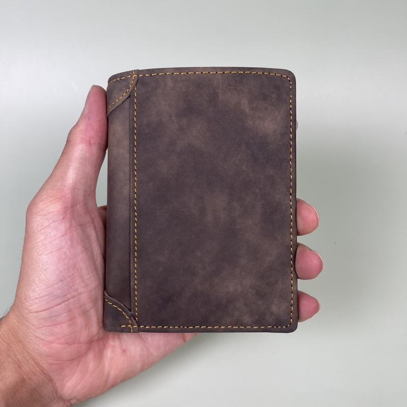 Ví nam dáng đứng da bò sáp loang (da nhập) có nắp lật giữa và ngăn bí mật kích thước 9,5cm x 12cm Wallet hình chữ nhật nhiều ngăn vách làm full da