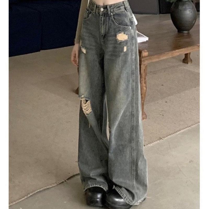 Quần jean lưng cao ống suông phối rách phong cách Retro - - Quanjeanrach9301_P11K10